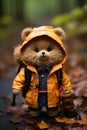 a teddy bear dressed in an orange raincoat