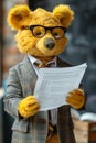 A teddy bear dressed in a suit and tie holding paper, AI Royalty Free Stock Photo