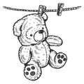 Teddy bear on rope engraving vector illustration