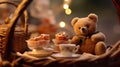 a teddy bear enjoying a picnic tea party with miniature teacups and pastries, AI Generated Royalty Free Stock Photo