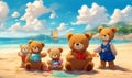 Teddy bear family at the beach