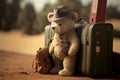 Teddy bear family with a suitcase on the roard. Travel tourism and vacations concept. Generative AI Royalty Free Stock Photo