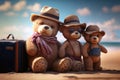 Teddy bear family with a suitcase on the roard. Travel tourism and vacations concept. Generative AI Royalty Free Stock Photo