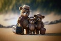 Teddy bear family with a suitcase on the roard. Travel tourism and vacations concept. Generative AI Royalty Free Stock Photo