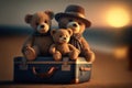 Teddy bear family with a suitcase on the roard. Travel tourism and vacations concept. Generative AI Royalty Free Stock Photo