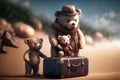 Teddy bear family with a suitcase on the roard. Travel tourism and vacations concept. Generative AI Royalty Free Stock Photo