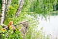 Teddy bear fisherman. Brown teddy bear sits by the lake with a fishing rod and catches fish Royalty Free Stock Photo