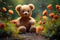 teddy bear with flowers and hearts in fluffy paws