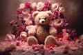 teddy bear with flowers and hearts in fluffy paws