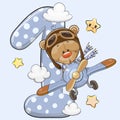 Teddy Bear is flying on a plane with number one Royalty Free Stock Photo
