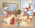 Teddy bear and fox at school, boy teacher Royalty Free Stock Photo