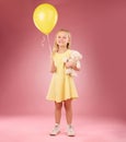 Teddy bear, girl balloon and portrait with a soft toy with happiness and love for celebration in studio. Isolated, pink