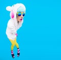 Teddy bear girl on a blue background. Crazy DJ and club winter p Royalty Free Stock Photo