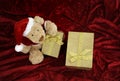 Teddy bear with golden gift box on red Royalty Free Stock Photo