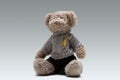 Teddy Bear With Golden Yellow Ribbon on Gray Background. Campaign Support Childhood Cancer Awareness