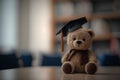 Teddy bear with graduation cap and diploma sitting on table in classroom Royalty Free Stock Photo