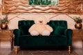 A teddy bear on a green sofa. Modern interior Royalty Free Stock Photo