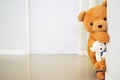 Teddy bear group standing behind the wall. Hide the secret of children. Background for Kids Games