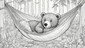 teddy bear in a hammock black and white, coloring book, page A bear with ears and a nose, resting