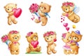 Teddy bear Happy Valentine's Day set, Cupid, gift, roses flowers and heart on isolated white background. Watercolor Royalty Free Stock Photo