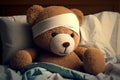 teddy bear with head bandage laying in bed. generative AI