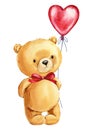 Teddy bear with heart balloon Hand painted watercolor illustration isolated white background. Valentines Day Royalty Free Stock Photo