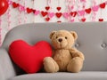 Teddy Bear And Heart Pillow With Decor Royalty Free Stock Photo