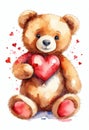 Teddy bear with heart on white background. Watercolor illustration. Royalty Free Stock Photo