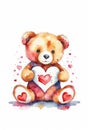 Teddy bear with heart on white background. Watercolor illustration. Royalty Free Stock Photo