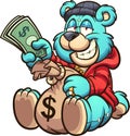 Teddy bear holding a big bag of money and some bills.