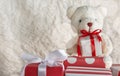 Teddy bear holding a gift tied with red ribbon