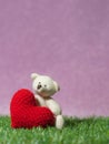 Teddy bear holding a handmade red heart on green grass background is royal pink.Copy space for text, Valentines day, love concept Royalty Free Stock Photo