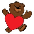 Teddy bear holding a heart. Vector illustration of a teddy bear with a red heart. Hand drawn teddy bear holding a red heart Royalty Free Stock Photo