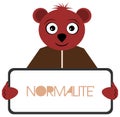 Teddy Bear holding sign with word normality, french, isolated.