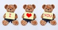 Teddy bear holding a yellow sign saying I love you on white background