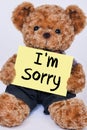 Teddy bear holding a yellow sign that says I`m Sorry Royalty Free Stock Photo