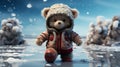 teddy bear ice skating on a frozen pond, wearing a Santa hat 3D tile art