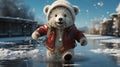 teddy bear ice skating on a frozen pond, wearing a Santa hat 3D tile art