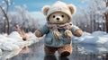 teddy bear ice skating on a frozen pond, wearing a Santa hat 3D tile art