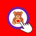 Teddy bear icon. Romantic gift concept. Hand Mouse Cursor Clicks the Button Royalty Free Stock Photo