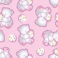 Teddy bear illustration. Cute baby bear keeping cake. Isolated on light-pink background.