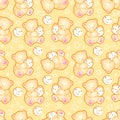 Teddy bear illustration. Cute baby bear keeping cake. Isolated on light-yellow background.