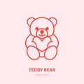 Teddy bear illustration. Plush flat line icon, toy store logo. Valentines day present sign