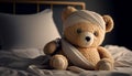 Teddy bear laying in bed and feeling sick. Generative AI Royalty Free Stock Photo