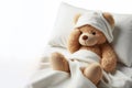 Teddy bear laying in bed and feeling sick isolated on solid white background. ai generative Royalty Free Stock Photo