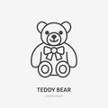 Teddy bear line icon, baby soft toy flat logo. Cute plush animal vector illustration. Sign for kids shop