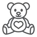 Teddy bear line icon, child and toy, animal sign, vector graphics, a linear pattern on a white background.