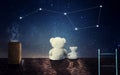 A teddy bear with a little bear sits at night on the roof of the house and looks at the constellation of the big bear.