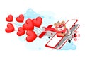 Teddy bear in love pilot flies on an airplane with heart-shaped balloons Royalty Free Stock Photo