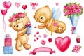 Teddy bear love set, Cupid, gift, roses flowers on isolated white background. Watercolor illustration, cute valentine Royalty Free Stock Photo